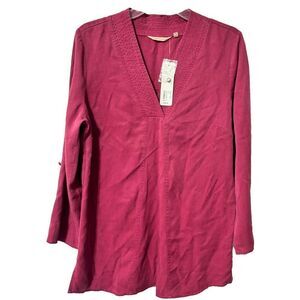 NWT Soft Surroundings Womens Tunic‎ Blouse Berry Medium V Neck Roll Tab Sleeve